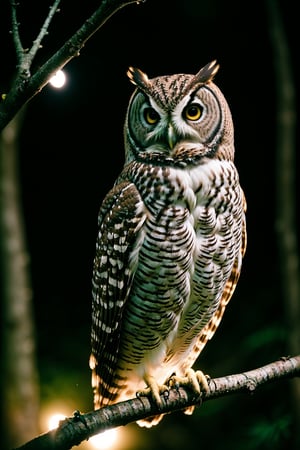 candid RAW portrait photo of an owl sitting on a branch (at night:1.3) in a dark forest, Fujifilm Fujichrome Velvia 100 film, dof, high definition, detailed, intricate, flashlight