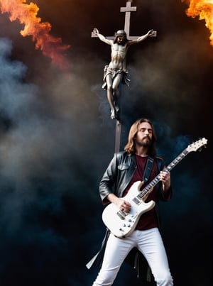 (Jesus on the Cross playing electric guitar:1.6) 
Smoke and flame background
Head to toe portrait
Rock concert vibes
Rich colour
High contrast
124k
Ultra high quality 