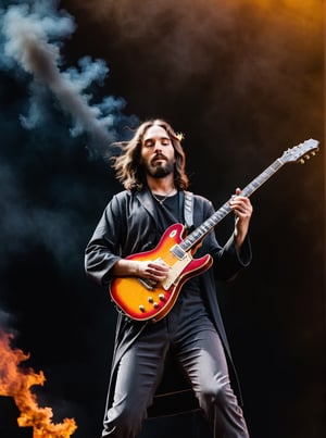 (Jesus on the Cross playing electric guitar:1.6) 
Smoke and flame background
Head to toe portrait
Rock concert vibes
Rich colour
High contrast
124k
Ultra high quality 