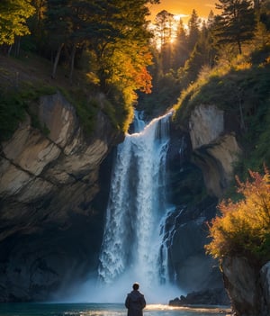 (Masterpiece, ultra detailed, hyper quality, best result) man wearing old time journey coat, standing in front of rocky woods on flying islands at sunset, waterfall on the foreground, leafs falling ,High detailed
