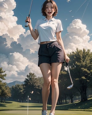 best quality, (masterpiece:1.2), detailed,1girl, solo, open mouth, light smile, light blush, short hair, brown hair, ahoge, blue eyes, middle breasts,outdoors, green, golf house, splash, clouds, Wearing mesh golf clothes. real Swinging while holding a golf club, real hand, wind, full_body,