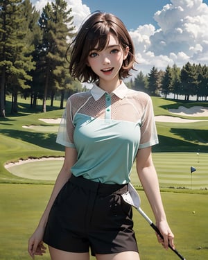 best quality, (masterpiece:1.2), detailed,1girl, solo, open mouth, light smile, light blush, short hair, brown hair, ahoge, blue eyes, middle breasts,outdoors, green, golf house, splash, clouds, Wearing mesh golf clothes. real Swinging while holding a golf club, real hand, rae
