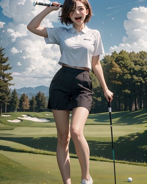 best quality, (masterpiece:1.2), detailed,1girl, solo, open mouth, light smile, light blush, short hair, brown hair, ahoge, blue eyes, middle breasts,outdoors, green, golf house, splash, clouds, Wearing mesh golf clothes. real Swinging while holding a golf club, real hand, wind, full_body,