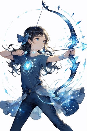 Illustration of a girl drawing a huge bow embodied by magic.
The girl is staring in the direction of the arrow, 
The bow is made of magic and glows blue.
The girl has black hair
The bow radiates magical power.
The girl is wearing a plain T-shirt. denim pants.
This is a super detailed illustration.
A masterpiece, top quality, aesthetic, 
White background, 