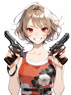 Girl with two handguns
Two pistols. Dual wield, Akimbo, 
Japanese animation style.
Black revolver. The muzzle is facing you.
Beautiful eyes. grin, 
brown hair, extra short hair, 
Very detailed and quality illustration.
Simple background. White background.
beautiful red Tank top.
upper body, 
masterpiece, top quality, aesthetic, Dual_wield