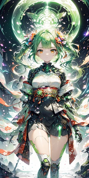 //quality
masterpiece, best quality, aesthetic, 
//Character
1girl, beautiful orange eyes, detailed eyes, 
twintails, green hair,
large breasts, 
//Fashion
Elegant, Vivid colors, Dramatic lighting, Cybernetic, Fusion of (traditional Japanese kimono:1.3) and near-future costumes, Cybernetic limbs, Enhanced sensory abilities, Holographic projection, Lightweight, ultra-thin and shiny material, Self-issuing material,
(Floral Kimono:1.2), 
Latex, tight dress, body-hugging dress, perfect body, beautiful face, cool vibe, tight latex dress
//Background
(bokeh:1.1), ,more detail XL