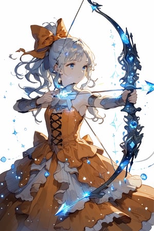 Illustration of a girl drawing a huge bow embodied by magic.
The girl is staring in the direction of the arrow, 
The bow is made of magic and glows blue.
The girl has silver hair in a ponytail.
The bow radiates magical power.
The girl is wearing a beautiful orange dress studded with crystals.
This is a super detailed illustration.
A masterpiece, top quality, aesthetic, 
White background, 