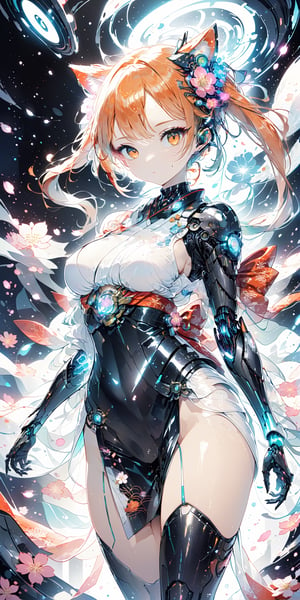 //quality
masterpiece, best quality, aesthetic, 
//Character
1girl, beautiful orange eyes, detailed eyes, 
twintails, 
large breasts, 
//Fashion
Elegant, Vivid colors, Dramatic lighting, Cybernetic, Fusion of (traditional Japanese kimono:1.3) and near-future costumes, Cybernetic limbs, Enhanced sensory abilities, Holographic projection, Lightweight, ultra-thin and shiny material, Self-issuing material,
(Floral Kimono:1.3), 
Latex, tight dress, body-hugging dress, perfect body, beautiful face, cool vibe, tight latex dress
//Background
(bokeh:1.1), ,more detail XL