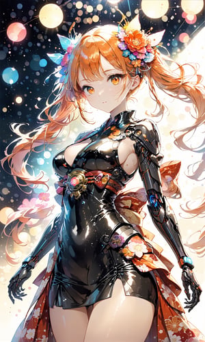 //quality
masterpiece, best quality, aesthetic, 
//Character
1girl, beautiful orange eyes, detailed eyes, 
twintails, 
large breasts, 
//Fashion
Elegant, Vivid colors, Dramatic lighting, Cybernetic, Fusion of (traditional Japanese kimono:1.3) and near-future costumes, Cybernetic limbs, Enhanced sensory abilities, Holographic projection, Lightweight, ultra-thin and shiny material, Self-issuing material,
(Floral Kimono:1.3), 
Latex, tight dress, body-hugging dress, perfect body, beautiful face, cool vibe, tight latex dress
//Background
(bokeh:1.1), cowboy_shot, more detail XL