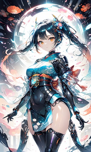 //quality
masterpiece, best quality, aesthetic, 
//Character
1girl, beautiful orange eyes, detailed eyes, 
twintails, 
large breasts, 
//Fashion
Elegant, Vivid colors, Dramatic lighting, Cybernetic, Fusion of (traditional Japanese kimono:1.3) and near-future costumes, Cybernetic limbs, Enhanced sensory abilities, Holographic projection, Lightweight, ultra-thin and shiny material, Self-issuing material,
(Floral Kimono:1.3), 
Latex, tight dress, body-hugging dress, perfect body, beautiful face, cool vibe, tight latex dress
//Background
cowboy_shot, more detail XL