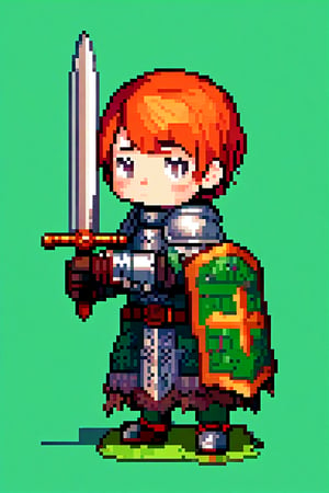 kawaii knight, weapon, sword, dwarf, salopettes, short hair, solo, red hair, holding, gloves, holding weapon, simple background, (green armor:1.1), holding sword, full body, white background, standing, one boy, masterpiece, top quality, aesthetic, illustration,pixel art