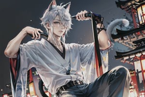 (((male character))), masterpiece, best quality, highres, perfect hand, perfect fingers, city, (((1boy))),  intense colors,hair over one eye, simple background, ((casual japanese clothes)), (((night)),  kinky face,  cat ears, cat tail, head to thighs, ,shenhe_genshin