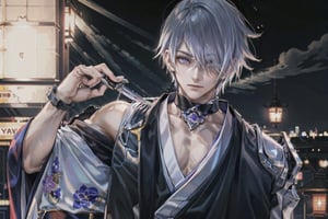 (((male character))), masterpiece, best quality, highres, perfect hand, perfect fingers, city, (((1boy))),  intense colors,hair over one eye, simple background, ((kimono)), (((night)), 