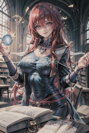 (((female characters))), masterpiece, best quality, highres, perfect hand, perfect fingers, intense color ,nodf_loras, ((academic)), smile, leafs, (((magic academy))), library, red hair