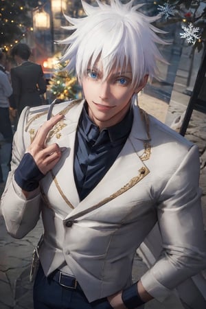 ((male character)), , (((masterpiece))), (((intricate details))), (((best quality))), vibrant colors, unique, unlimited colors, muscle body, SakimiStyle, Anime, ((christmas)), christmas party, christmas tree, stars and garlands, (((symmetrical face))), ((mature male)), (((1boy))), Satoru Gojo, ((defined drawing lines)), ,wrenchftmfshn, white coat,  (((sexy facial expression))), (santa costume),
(lora668783642725607036:1.0),(lora:668783638709595390:1.0),
(lora:668796373287720224:1.0), smile, sexy face, sexy easy expression