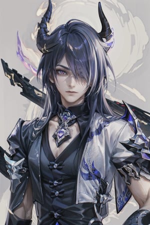 (((male character))), masterpiece, best quality, highres, perfect hand, perfect fingers, galaxy,  1boy,  intense_colors,hair over one eye, simple background, two chinese dragon horns on the head, (scales on face), dragon tail, 