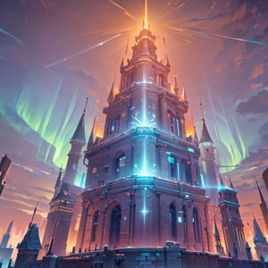 Frontal side, finely detail, Depth of field, (((masterpiece))), ((extremely detailed CG unity 8k wallpaper)), intricate detail, (best illumination, best shadow), (((magic around))), ((tower that rises towards the night like the northern lights, reddish like itself, embraces justice)), (((sky in the background)))
