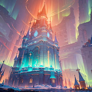 Frontal side, finely detail, Depth of field, (((masterpiece))), ((extremely detailed CG unity 8k wallpaper)), intricate detail, (best illumination, best shadow), (((magic around))), ((castle tower with the sky in the background, a tower that rises towards the night like the northern lights, reddish like itself, embraces justice)), ((aurora themed))

