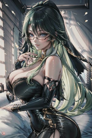 masterpiece, best quality, highres, perfect hand, intrincate details, perfect fingers, china city background, head to thighs, 1girl, upper body, veil, ((big_breasts)), kinky smile, xianyun, lace dress, anime girl, 1 person, black and green hair, long hair, blue eyes, (black dress with golden embroidery), discreet, dynamic pose, hands behind back, standing, photoshoot, Christmas, forest scenery, solo, front view, (full HD 4K+ photo)",semirealistic,1 girl, earrings, dress,wrenchfaeflare, xianyun, glasses, gentle smile, wink, cowboy_shot, (((liying in bed))), sexy pose, sexy face, mating_press