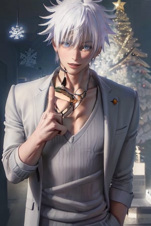 ((male character)), , (((masterpiece))), (((intricate details))), (((best quality))), vibrant colors, unique, unlimited colors, muscle body, (((sexy sweater)), SakimiStyle, Anime, ((christmas)), christmas party, christmas tree, stars and garlands, (((symmetrical face))), ((mature male)), (((1boy))), Satoru Gojo, ((defined drawing lines)), ,wrenchftmfshn, white coat,  (((sexy facial expression))), (santa costume),
(lora:668783638709595390:1.0),
(lora:668783642725607036:1.0), ((((hands with five fingers)))), (coat of fur), (ice color eyes),
(lora:668799487139031193:1.0),(lora:668797112022100430:1.0),
(lora:668798701160010984:1.0),