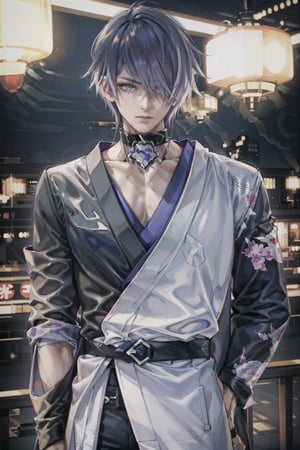 (((male character))), masterpiece, best quality, highres, perfect hand, perfect fingers, city, (((1boy))),  intense colors,hair over one eye, city, ((no kimono)), (((night)), (((casual clothes))), (lora:678875501890261128:1.0), 