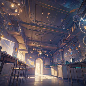 Frontal side, finely detail, Depth of field, (((masterpiece))), ((extremely detailed CG unity 8k wallpaper)), intricate detail, (best illumination, best shadow), (((magic around))), (classroom, hallways and passageways), (((night firmament with stars in the sky))),
