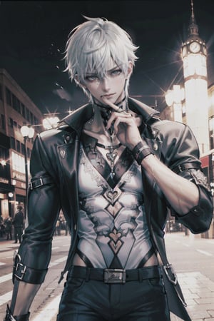 (((male character))), masterpiece, best quality, highres, perfect hand, perfect fingers, city, (((1boy))),  intense colors, city, (((night)), white hair,