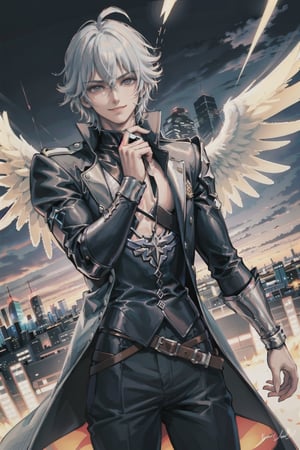 (((male charactera))), masterpiece, best quality, highres, perfect hand, perfect fingers, city,  intense color ,nodf_loras, ((angel in a sky city)), smile, 