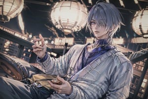(((male character))), masterpiece, best quality, highres, perfect hand, perfect fingers, city, (((1boy))),  intense colors,hair over one eye, city, ((kimono)), (((night)), (((wearing a sweater and casual clothes)))