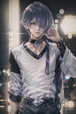 (((male character))), masterpiece, best quality, highres, perfect hand, perfect fingers, city, (((1boy))),  intense colors,hair over one eye, city, ((kimono)), (((night)), (((casual clothes))), (lora:678875501890261128:1.0), (lora:678872117456010338:1.0) collar, (((sweater))),