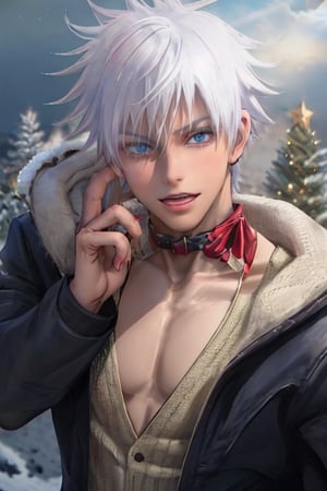 ((male character)), , (((masterpiece))), (((intricate details))), (((best quality))), vibrant colors, unique, unlimited colors, muscle body, SakimiStyle, Anime, ((christmas)), christmas party, christmas tree, stars and garlands, (((symmetrical face))), ((mature male)), (((1boy))), Satoru Gojo, ((defined drawing lines)), ,wrenchftmfshn, white coat,  (((sexy facial expression))), (santa costume),
(lora:668796373287720224:1.0),(lora:668795144927064589:1.0),(lora:668790304498885892:1.0),(lora:668783638709595390:1.0),
(lora:668783642725607036:1.0),