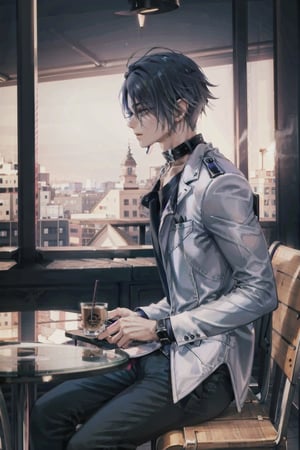 (((male character))), masterpiece, best quality, highres, perfect hand, perfect fingers, city, (((1boy))),  intense colors, hair over one eye, city, (((night)), (((casual clothes, blouse and pants))),  (((coffe shop))), (drinking a cup of coffe), sit alone in a bench at table no people around, (((side view))), collar witch gem, 