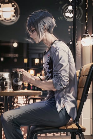 (((male character))), masterpiece, best quality, highres, perfect hand, perfect fingers, city, (((1boy))),  intense colors, hair over one eye, city, (((night)), (((casual clothes, blouse and pants))),  (((coffe shop))), (drinking a cup of coffe), sit alone in a bench at table no people around, (((side view))), 