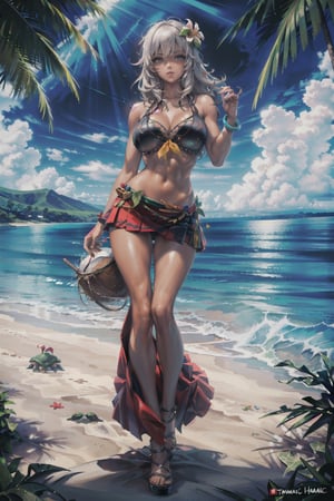 (((female characters))), masterpiece, best quality, highres, perfect hand, perfect fingers, intense color ,nodf_loras, ((hawaii, paradise island)), 
palm trees, coconuts, dark-skinned, ((turtles)), giant crabs, ((hawaiian skirt, coconut bra, straw skirt))