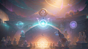 Frontal side, finely detail, Depth of field, (((masterpiece))), ((extremely detailed CG unity 8k wallpaper)), intricate detail, (best illumination, best shadow, (((magic around))), (((ancient astral observatory))), (((statues distributed in a semicircle))),
