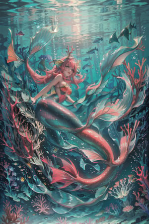 (((characters))), masterpiece, best quality, highres, perfect hand, perfect fingers, intense color ,nodf_loras, ((mermaid)), (((coral))), (((antique ancient city under sea))), (color fishes), breast, thighs up, ,hmnl, face up, ((perfect mermaid tail)),