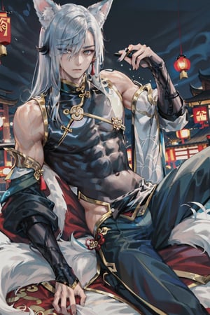 (((male character))), skirt cut side, masterpiece, best quality, highres, perfect hand, perfect fingers, city, (((1boy))),  intense colors, simple background, ((chinese clothes)), (((night)),  kinky face, fox ears, head to thighs, long hair, shenhe_genshin,1boy, fox tail, 