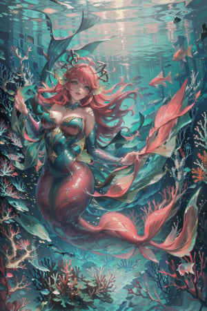 (((characters))), masterpiece, best quality, highres, perfect hand, perfect fingers, intense color ,nodf_loras, ((mermaid)), (((coral))), (((antique ancient city under sea))), (color fishes), breast, thighs up, ,hmnl, face up, 