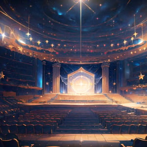 Frontal side, finely detail, Depth of field, (((masterpiece))), ((extremely detailed CG unity 8k wallpaper)), intricate detail, (best illumination, best shadow), (((magic around))), (((firmament with stars and lights in the sky))), (((Sculpted columns with constellation details and a ceiling that simulates a starry sky, the auditorium creates a cosmic atmosphere. The floating stage, surrounded by divine light, becomes an altar of celestial knowledge. The stands, with seats carved with star symbols, and their amphitheater arrangement, offer a space for academic events and sacred ceremonies.)))
