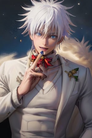 ((male character)), , (((masterpiece))), (((intricate details))), (((best quality))), vibrant colors, unique, unlimited colors, muscle body, (((sexy sweater)), SakimiStyle, Anime, ((christmas)), christmas party, christmas tree, stars and garlands, (((symmetrical face))), ((mature male)), (((1boy))), Satoru Gojo, ((defined drawing lines)), ,wrenchftmfshn, white coat,  (((sexy facial expression))), (santa costume),
(lora:668796373287720224:1.0),(lora:668795144927064589:1.0),(lora:668790304498885892:1.0),(lora:668783638709595390:1.0),
(lora:668783642725607036:1.0), ((((hands with five fingers)))), (fur coat)