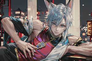 (((male character))), short hair, skirt cut side, masterpiece, best quality, highres, perfect hand, perfect fingers, city, (((1boy))),  intense colors, simple background, ((chinese clothes)), (((night)),  kinky face, fox ears, head to thighs, long hair, shenhe_genshin,1boy, fox tail, 