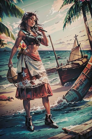 (((female characters))), masterpiece, best quality, highres, perfect hand, perfect fingers, intense color ,nodf_loras, ((hawaii, paradise island)), 
palm trees, coconuts, dark skin, ((turtles)), giant crabs, ((hawaiian skirt, coconut bra, straw skirt)), (((rustic sailboat)))