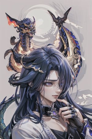 (((male character))), masterpiece, best quality, highres, perfect hand, perfect fingers, galaxy,  1boy,  intense_colors,hair over one eye, simple background, long and thin horns like a Chinese dragon that grow from the forehead, (scales on face), dragon tail, long thin and branched horns,