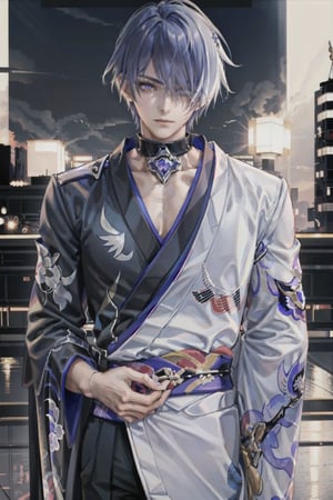 (((male character))), masterpiece, best quality, highres, perfect hand, perfect fingers, city, (((1boy))),  intense colors,hair over one eye, city, ((kimono)), (((night)), (((wearing a sweater and casual clothes))), (lora:678875501890261128:1.0), collar,