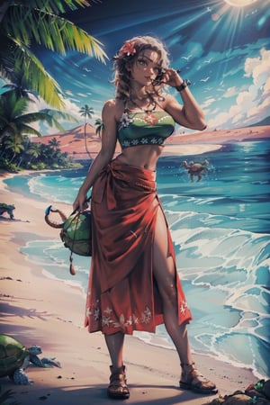 (((female characters))), masterpiece, best quality, highres, perfect hand, perfect fingers, intense color ,nodf_loras, ((hawaii, paradise island)), 
palm trees, coconuts, dark skin, ((turtles)), giant crabs, ((hawaiian skirt, coconut bra, straw skirt)),