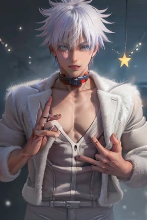 ((male character)), , (((masterpiece))), (((intricate details))), (((best quality))), vibrant colors, unique, unlimited colors, muscle body, (((sexy sweater)), SakimiStyle, Anime, ((christmas)), christmas party, christmas tree, stars and garlands, (((symmetrical face))), ((mature male)), (((1boy))), Satoru Gojo, ((defined drawing lines)), ,wrenchftmfshn, white coat,  (((sexy facial expression))), (santa costume),
(lora:668796373287720224:1.0),(lora:668795144927064589:1.0),(lora:668790304498885892:1.0),(lora:668783638709595390:1.0),
(lora:668783642725607036:1.0), ((((hands with five fingers)))), (fur coat)