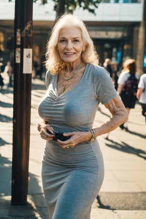  best_quality, masterpiece, (photorealistic:1.4),grandmother,old woman, wrinkled skin,tight bodycon
, at the city, detailed,and hyperrealistic. The portrait reflects a photo-realistic quality and an expressive pose, smiling,full body, shooting from dslr,better_hands