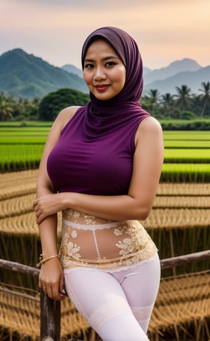 Indonesian mom poses confidently on the ricefield hut, radiating vintage charm in a lace tights tank top, leggings.  glows with a warm, golden light as she strikes a sensual pose, her hands resting on her hips. The camera captures every detail, from the intricate lace trim to the abstract motifs dancing across her gown. A masterpiece of photorealism, shot with precision using a DSLR, this portrait exudes vivid color and an air of sophistication.smiling,hijabindox