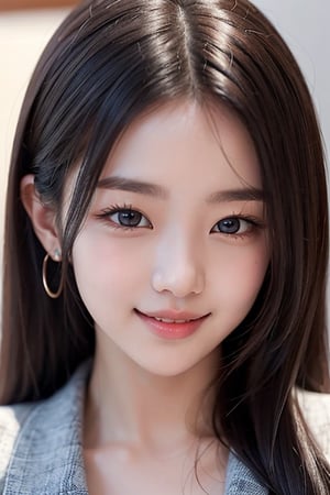 20 year old korean girl, korean pop idol style, beautiful face, smile