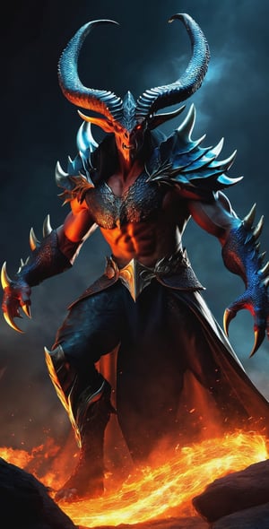 "Create an image of a male character with dragon-scale-like skin covering his entire body. He should have two prominent, twisted horns emerging from his forehead, and his eyes should portray a fierce and angry expression. His hands should feature sharp, deadly claws, adding to his menacing appearance. The overall style should be fantasy-inspired." Glowing eyes, Perfect background for image, photographic realistic masterpiece HDR high quality,monster